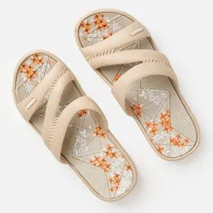 Slapi Slides Femei cu Talpă Florală și Barete Triple Bej