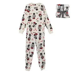 Set pijama familie Minnie catifelate ecru cu model