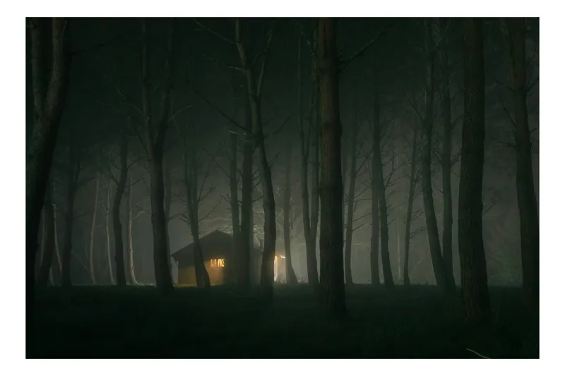 Cabana misterioasă în pădure luminată, 150 x 100 cm