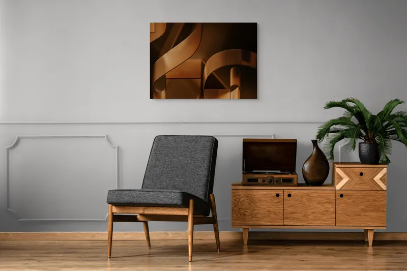 Tablou Canvas, "Metamorfoza elementelor curbilinii în bronz", Forme, Eleganță, Curbe, Întuneric, Reflexie, 100 x 70 cm – poza 8