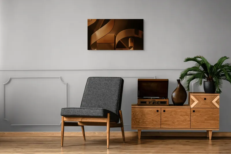 Tablou Canvas, "Metamorfoza elementelor curbilinii în bronz", Forme, Eleganță, Curbe, Întuneric, Reflexie, 90 x 50 cm – poza 6