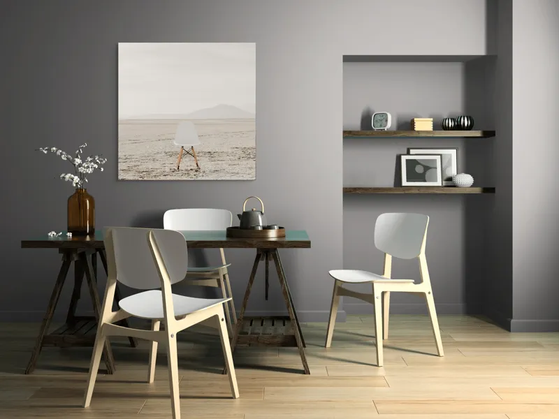 Tablou Canvas, "Scaun singuratic în deșertul vast", Scaun, Deșert, Singurătate, Minimalism, Calm, Pustietate, Linii, Horizon, Gândire, Izolare, 100 x 100 cm – poza 6
