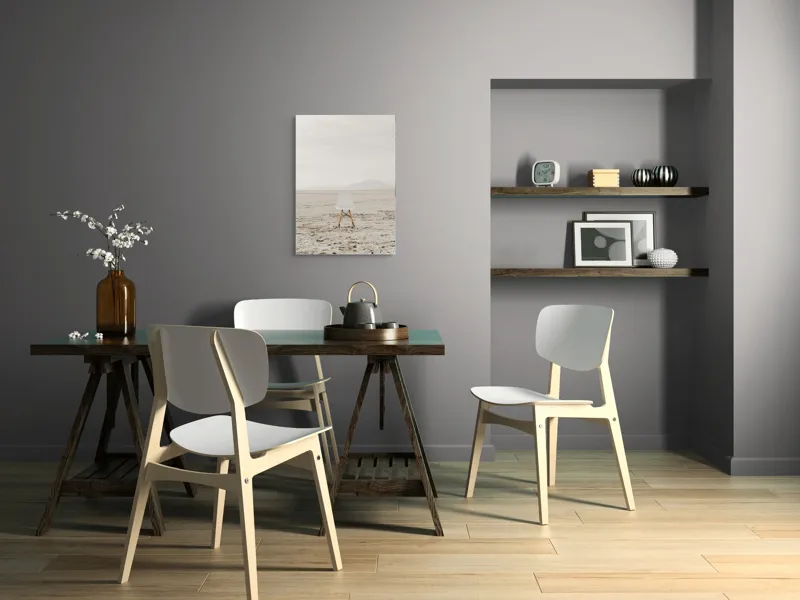 Tablou Canvas, "Scaun singuratic în deșertul vast", Scaun, Deșert, Singurătate, Minimalism, Calm, Pustietate, Linii, Horizon, Gândire, Izolare, 50 x 70 cm – poza 5