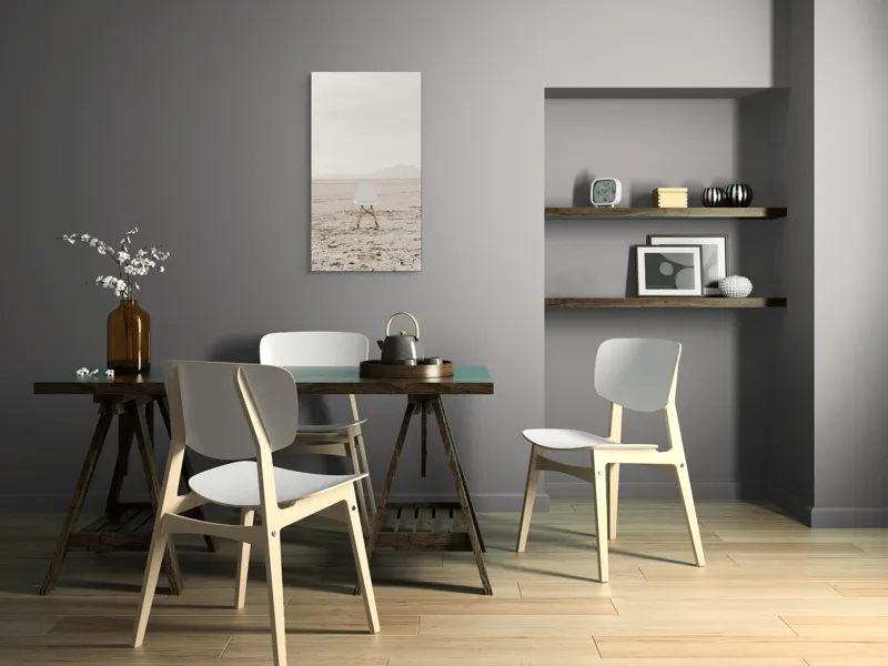 Tablou Canvas, "Scaun singuratic în deșertul vast", Scaun, Deșert, Singurătate, Minimalism, Calm, Pustietate, Linii, Horizon, Gândire, Izolare, 50 x 90 cm – poza 4