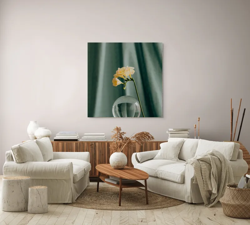 Tablou Canvas, "Floare delicată în armonie verde", Floare, Glob, Transparent, Delicat, Textură, Verde, Curbe, Blând., 100 x 100 cm – poza 3