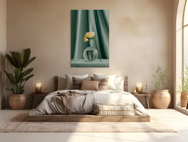 Tablou Canvas, "Floare delicată în armonie verde", Floare, Glob, Transparent, Delicat, Textură, Verde, Curbe, Blând., 100 x 150 cm – poza 3