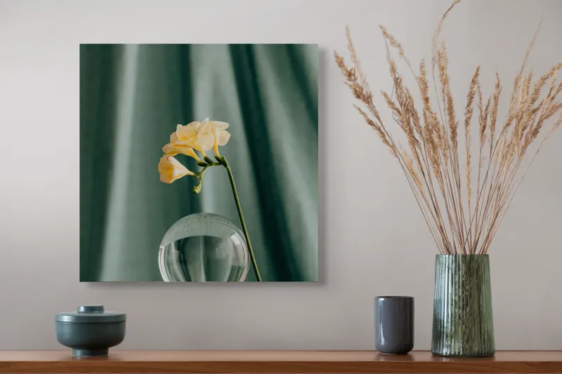 Tablou Canvas, "Floare delicată în armonie verde", Floare, Glob, Transparent, Delicat, Textură, Verde, Curbe, Blând., 50 x 50 cm – poza 4