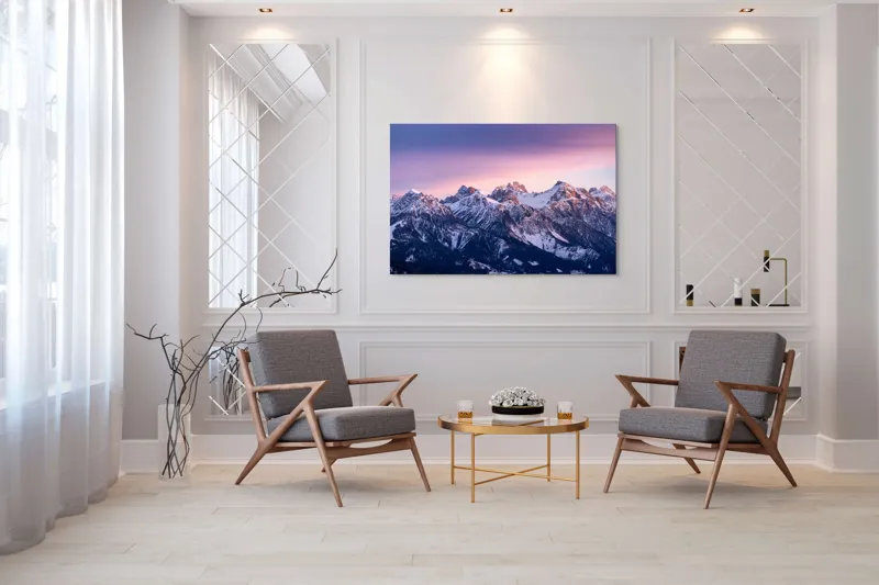 Tablou Canvas, "Strălucirea apusului peste munți înzăpeziți", Mileniu, Majestuos, Munți, Lumină, Asfințit, Alb, Cer, Magie, Întruchipare, Timpurie, Puritate, Căldură, Creste, Înălțime, Liniște., 150 x 100 cm – poza 7