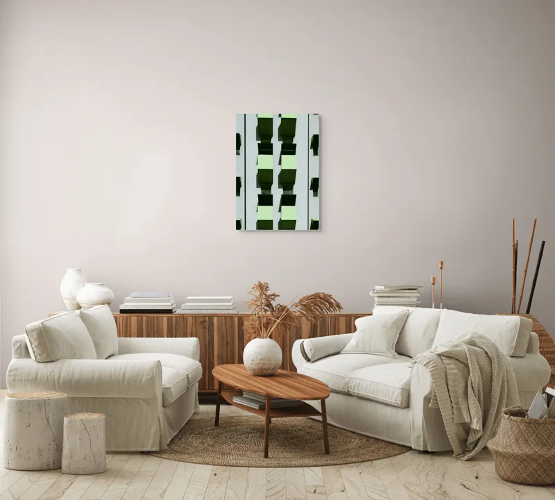 Tablou Canvas, "Balcoane verzi pe fațadă gri", Verde, Geometrie, Structură, Repetiție, Modern, Simetrie, Urban, Verticalitate, 50 x 70 cm – poza 4