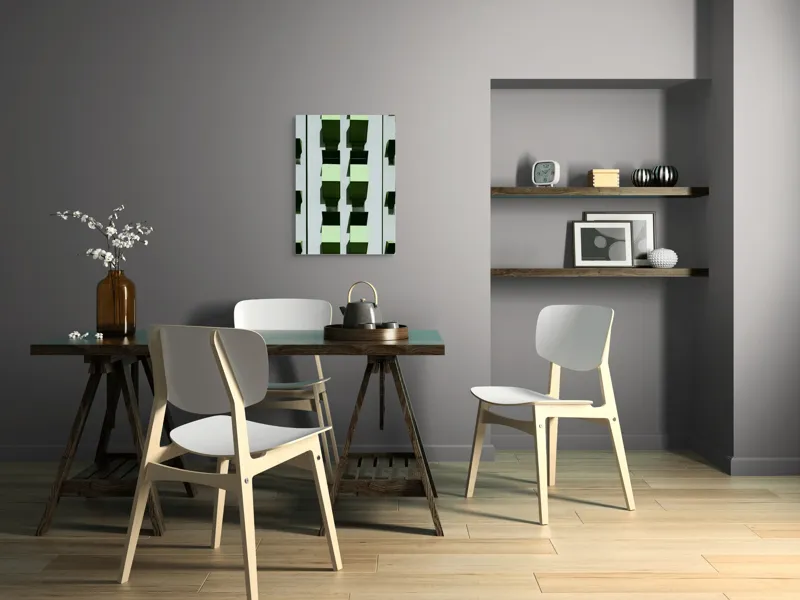 Tablou Canvas, "Balcoane verzi pe fațadă gri", Verde, Geometrie, Structură, Repetiție, Modern, Simetrie, Urban, Verticalitate, 50 x 70 cm – poza 5