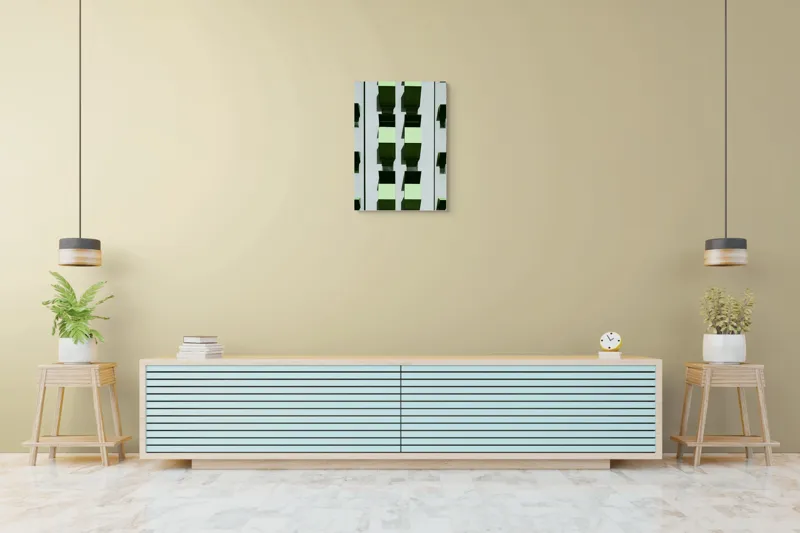 Tablou Canvas, "Balcoane verzi pe fațadă gri", Verde, Geometrie, Structură, Repetiție, Modern, Simetrie, Urban, Verticalitate, 50 x 70 cm – poza 6
