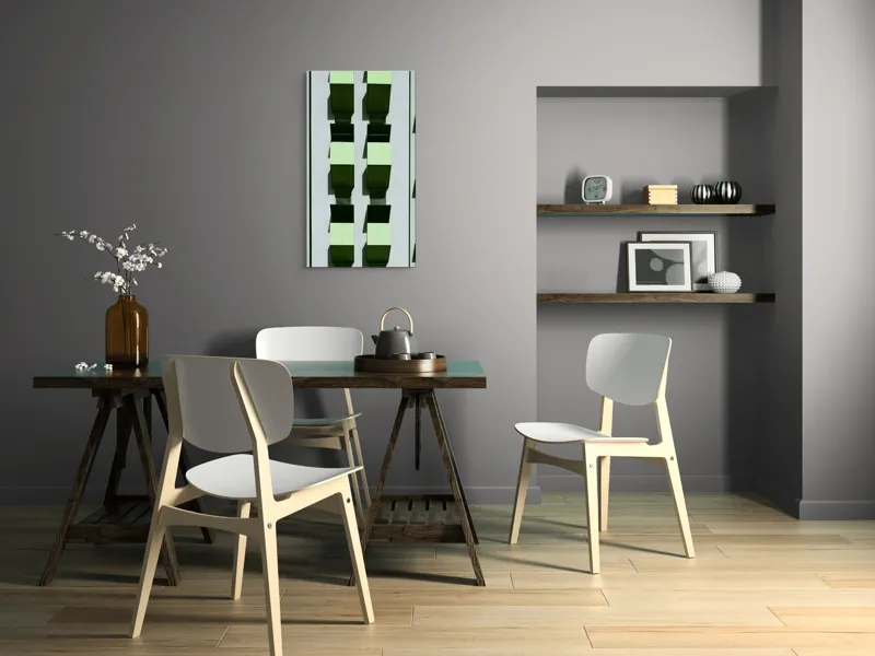 Tablou Canvas, "Balcoane verzi pe fațadă gri", Verde, Geometrie, Structură, Repetiție, Modern, Simetrie, Urban, Verticalitate, 50 x 90 cm – poza 4