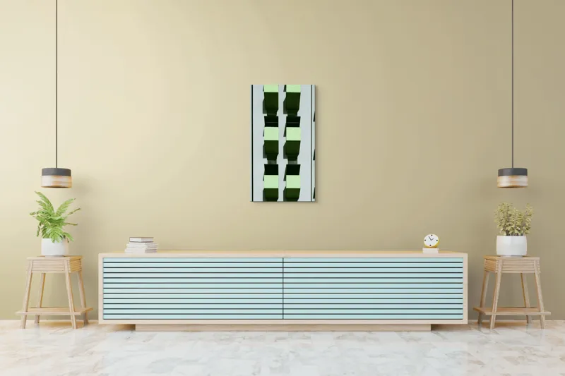 Tablou Canvas, "Balcoane verzi pe fațadă gri", Verde, Geometrie, Structură, Repetiție, Modern, Simetrie, Urban, Verticalitate, 50 x 90 cm – poza 6