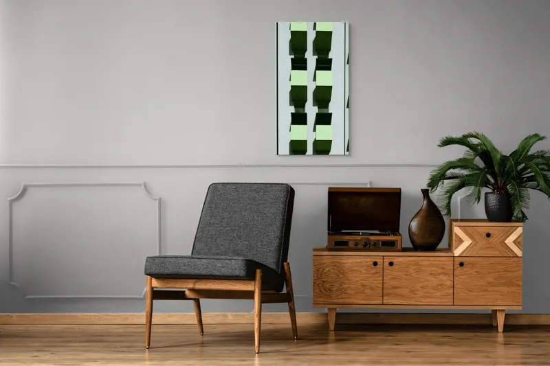 Tablou Canvas, "Balcoane verzi pe fațadă gri", Verde, Geometrie, Structură, Repetiție, Modern, Simetrie, Urban, Verticalitate, 50 x 90 cm – poza 8