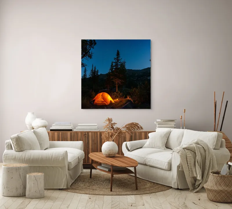 Tablou Canvas Peisaj Nocturn cu Cort Iluminat Orange, 100 x 100 cm