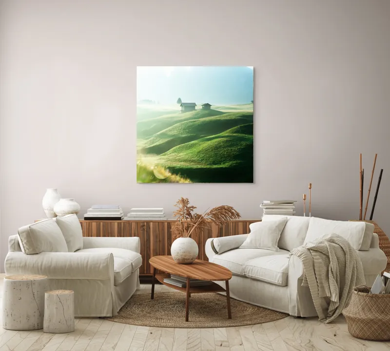 Tablou Canvas Peisaj Montan cu Cabane Verde, 100 x 100 cm – poza 3
