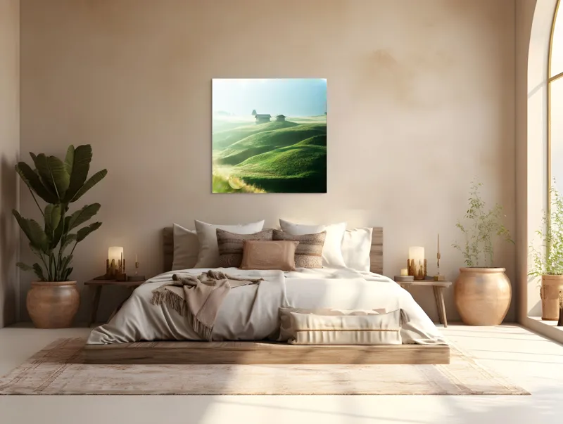 Tablou Canvas Peisaj Montan cu Cabane Verde, 100 x 100 cm – poza 4
