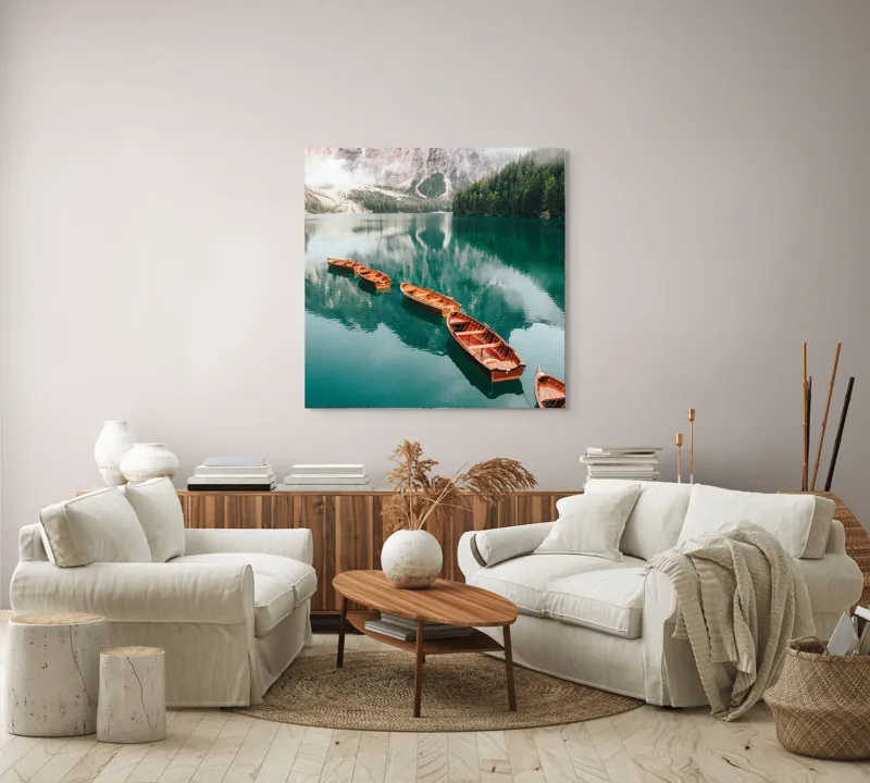 Tablou Canvas Peisaj Alpin cu Lac și Bărci Multicolor, 100 x 100 cm – poza 3