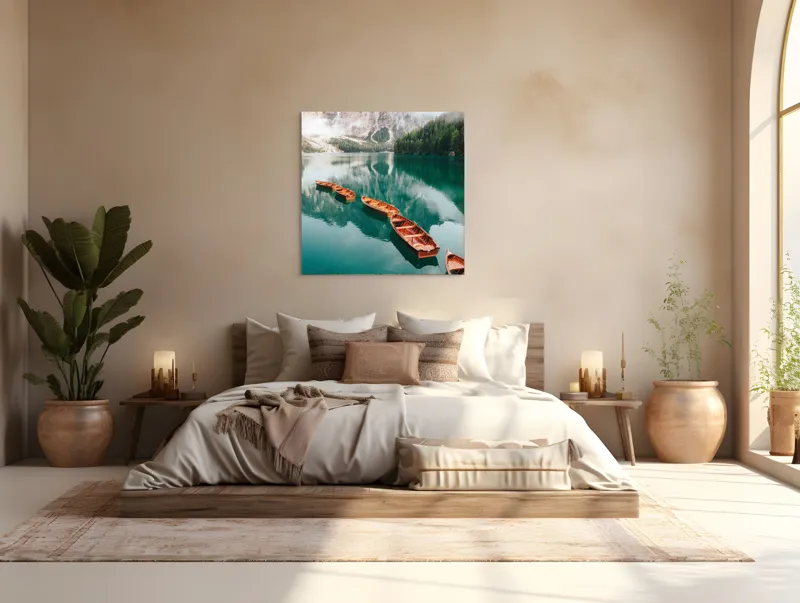 Tablou Canvas Peisaj Alpin cu Lac și Bărci Multicolor, 100 x 100 cm – poza 4