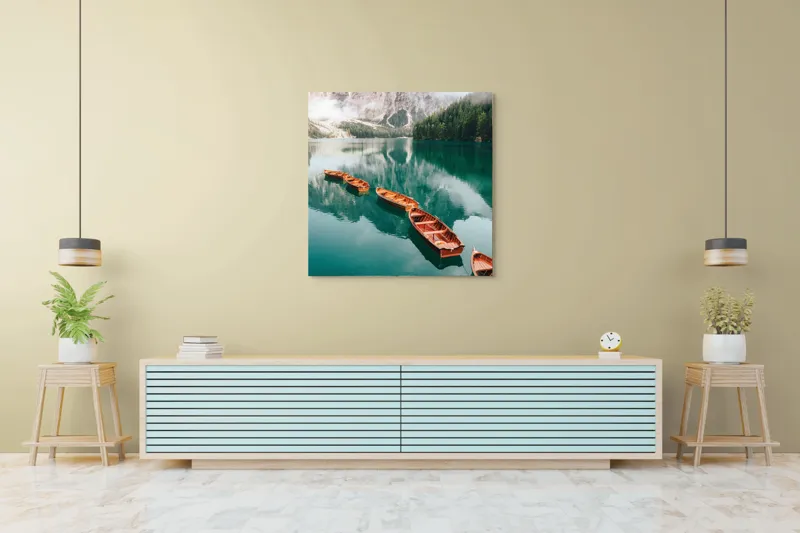 Tablou Canvas Peisaj Alpin cu Lac și Bărci Multicolor, 100 x 100 cm – poza 5