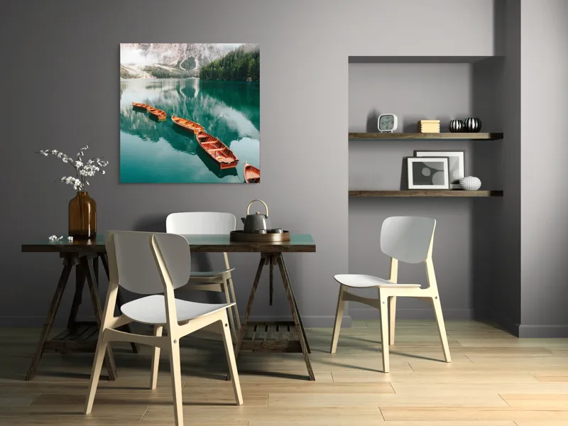Tablou Canvas Peisaj Alpin cu Lac și Bărci Multicolor, 100 x 100 cm – poza 6