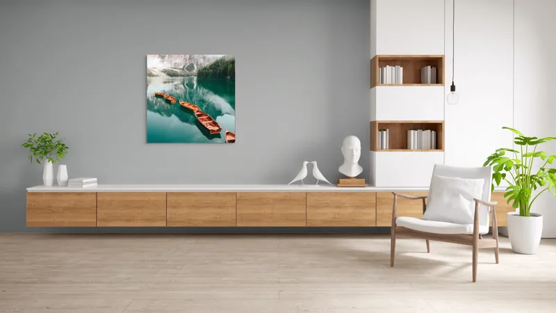 Tablou Canvas Peisaj Alpin cu Lac și Bărci Multicolor, 100 x 100 cm – poza 8