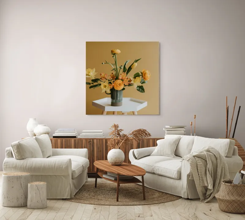 Tablou Canvas, "Aranjament floral de primăvară galbenă", Flori, Galbene, Portocalii, Vază, Masa, Fundal, Simplitate, Armonie, 100 x 100 cm – poza 3