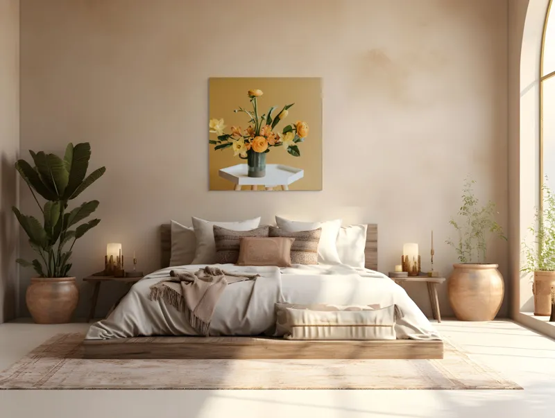 Tablou Canvas, "Aranjament floral de primăvară galbenă", Flori, Galbene, Portocalii, Vază, Masa, Fundal, Simplitate, Armonie, 100 x 100 cm – poza 4