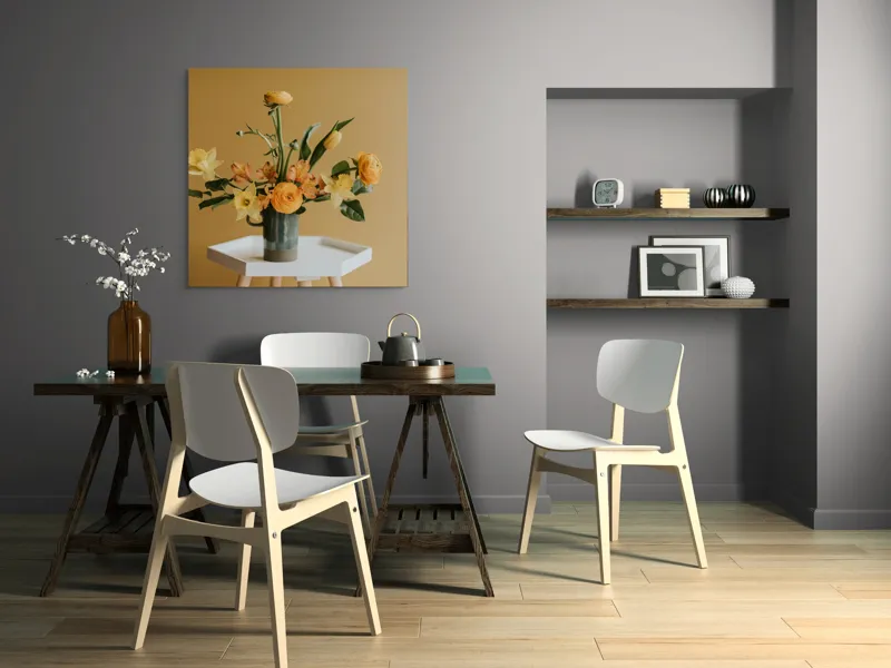 Tablou Canvas, "Aranjament floral de primăvară galbenă", Flori, Galbene, Portocalii, Vază, Masa, Fundal, Simplitate, Armonie, 100 x 100 cm – poza 6