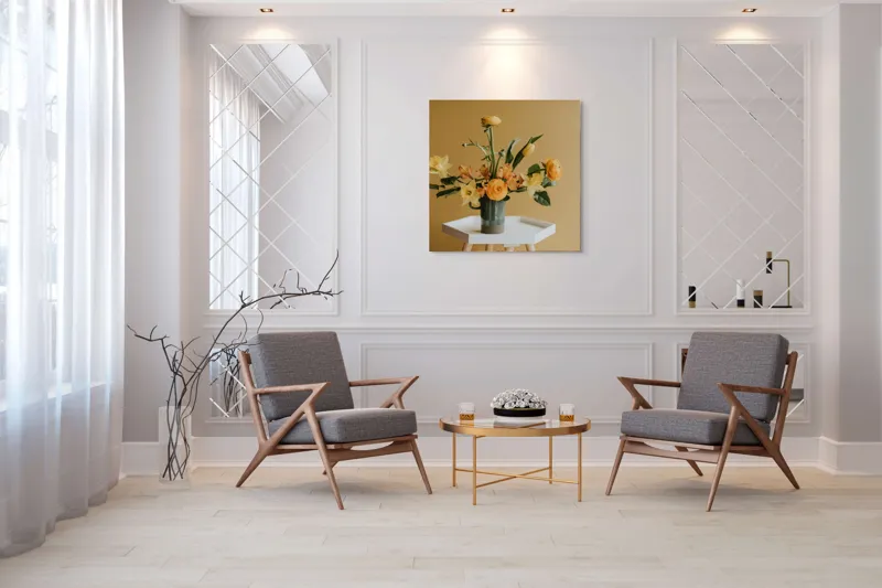 Tablou Canvas, "Aranjament floral de primăvară galbenă", Flori, Galbene, Portocalii, Vază, Masa, Fundal, Simplitate, Armonie, 100 x 100 cm – poza 7