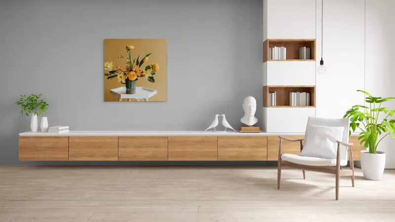 Tablou Canvas, "Aranjament floral de primăvară galbenă", Flori, Galbene, Portocalii, Vază, Masa, Fundal, Simplitate, Armonie, 100 x 100 cm – poza 8