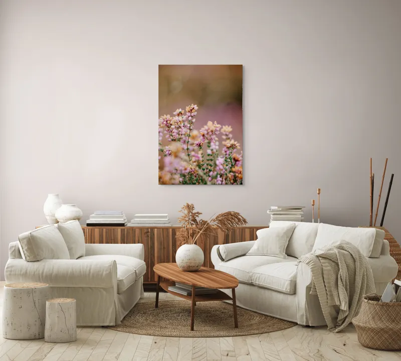 Tablou Canvas, "Flori de toamnă la amurg", Flori, Roz, Fragilitate, Natură, Delicatețe, Fundal, Verde, Pastel, Blândețe, Vedele., 70 x 100 cm – poza 4