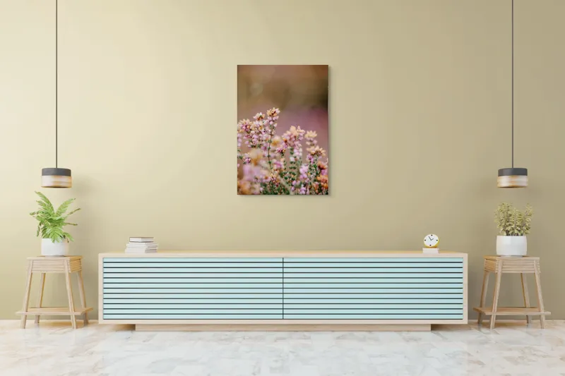 Tablou Canvas, "Flori de toamnă la amurg", Flori, Roz, Fragilitate, Natură, Delicatețe, Fundal, Verde, Pastel, Blândețe, Vedele., 70 x 100 cm – poza 5