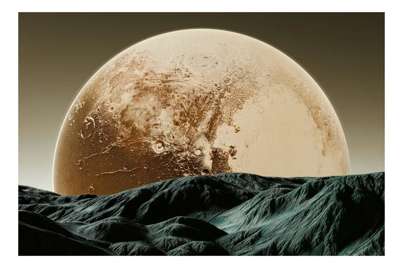 Tablou Canvas, "Luna gigantă peste peisaj montan", Planeta, Asfințit, Pământ, Valuri, Umbre, 100 x 100 cm
