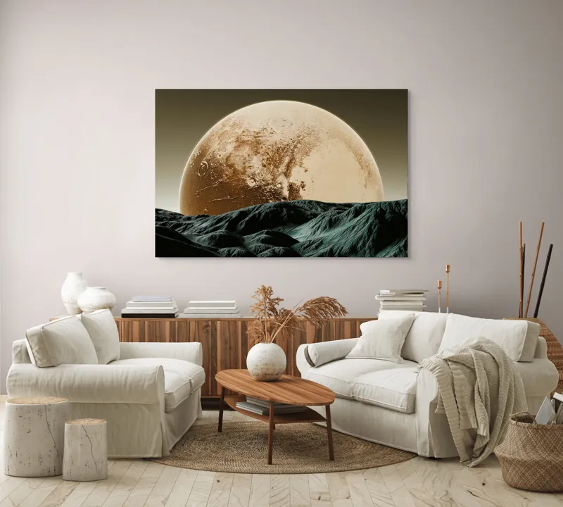 Tablou Canvas, "Luna gigantă peste peisaj montan", Planeta, Asfințit, Pământ, Valuri, Umbre, 150 x 100 cm – poza 3