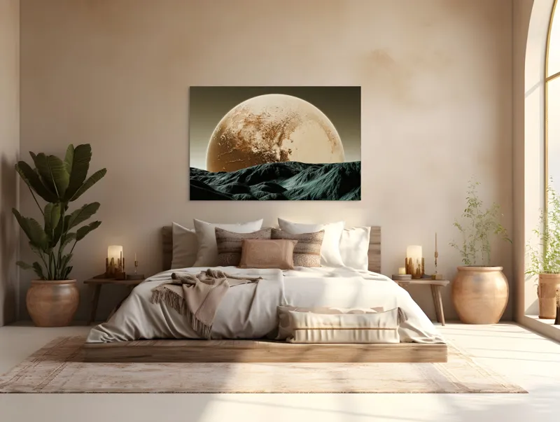 Tablou Canvas, "Luna gigantă peste peisaj montan", Planeta, Asfințit, Pământ, Valuri, Umbre, 150 x 100 cm – poza 4