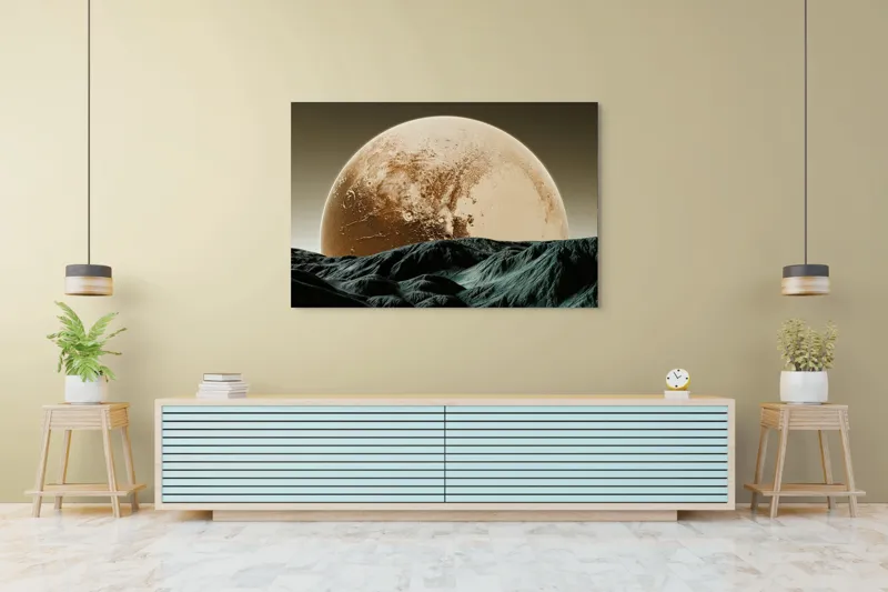 Tablou Canvas, "Luna gigantă peste peisaj montan", Planeta, Asfințit, Pământ, Valuri, Umbre, 150 x 100 cm – poza 6
