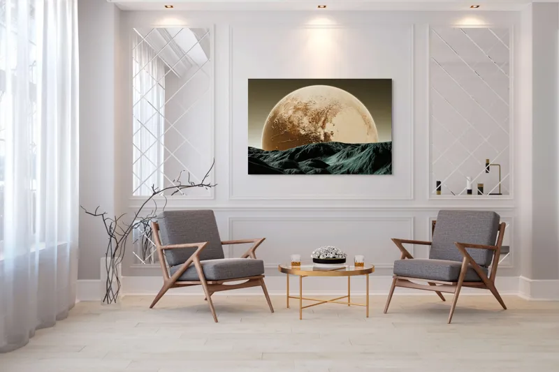 Tablou Canvas, "Luna gigantă peste peisaj montan", Planeta, Asfințit, Pământ, Valuri, Umbre, 150 x 100 cm – poza 7