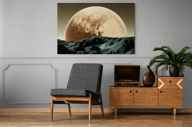 Tablou Canvas, "Luna gigantă peste peisaj montan", Planeta, Asfințit, Pământ, Valuri, Umbre, 150 x 100 cm – poza 8