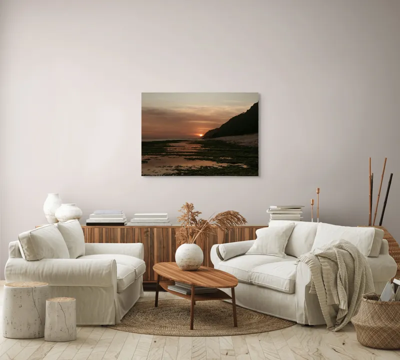 Tablou Canvas, "Apus de soare peste ocean liniștit", Apus, Cer, Nor, Ocean, Culori, Serene, Stânci, Reflexie, Natură, Peisaj, 100 x 70 cm – poza 3