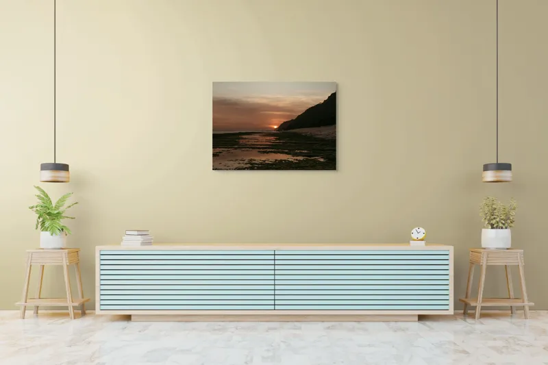 Tablou Canvas, "Apus de soare peste ocean liniștit", Apus, Cer, Nor, Ocean, Culori, Serene, Stânci, Reflexie, Natură, Peisaj, 100 x 70 cm – poza 4