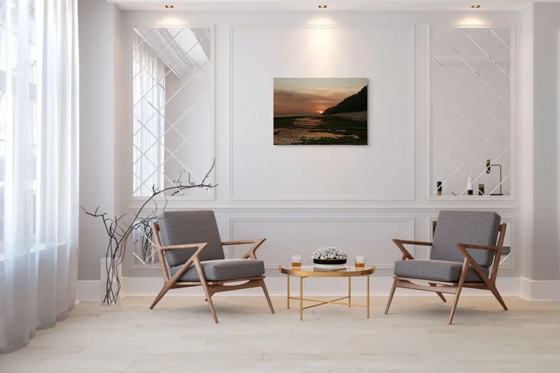 Tablou Canvas, "Apus de soare peste ocean liniștit", Apus, Cer, Nor, Ocean, Culori, Serene, Stânci, Reflexie, Natură, Peisaj, 100 x 70 cm – poza 5