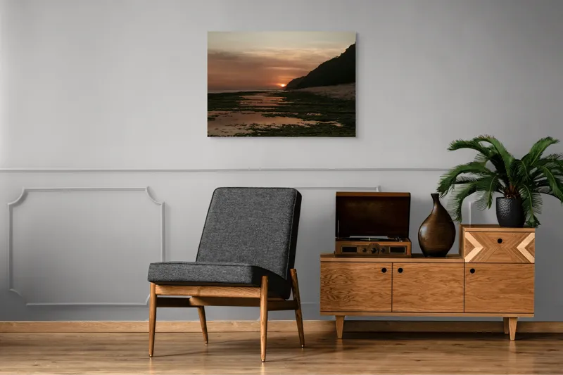 Tablou Canvas, "Apus de soare peste ocean liniștit", Apus, Cer, Nor, Ocean, Culori, Serene, Stânci, Reflexie, Natură, Peisaj, 100 x 70 cm – poza 8