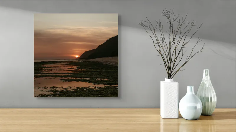 Tablou Canvas, "Apus de soare peste ocean liniștit", Apus, Cer, Nor, Ocean, Culori, Serene, Stânci, Reflexie, Natură, Peisaj, 50 x 50 cm – poza 3
