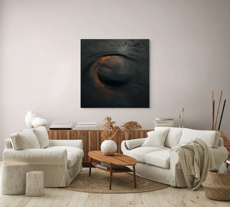 Tablou Canvas, "Vulcan în erupție în noapte.", Vârtej, Întunecat, Vortex, Abstract, Misterios, Textură, Umbre, Lumină, Forme, Întunecime, 100 x 100 cm – poza 3
