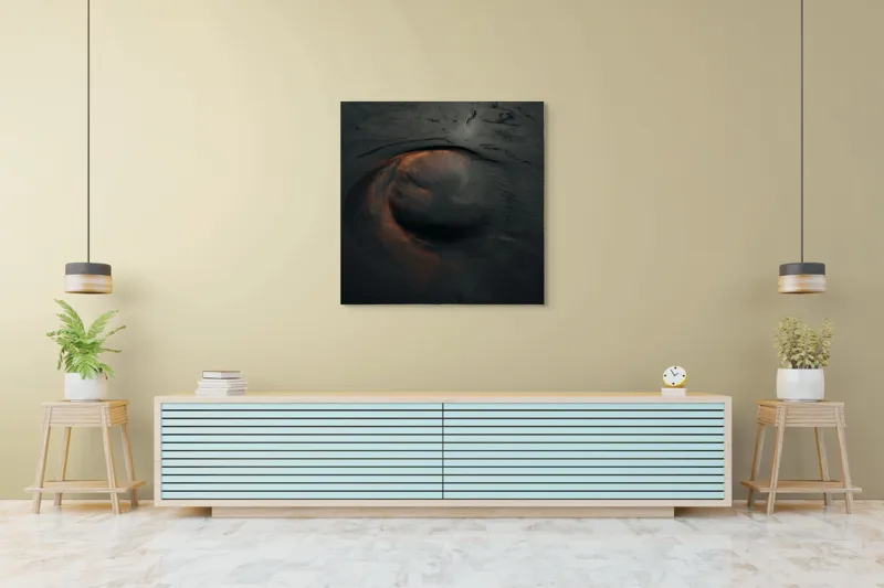 Tablou Canvas, "Vulcan în erupție în noapte.", Vârtej, Întunecat, Vortex, Abstract, Misterios, Textură, Umbre, Lumină, Forme, Întunecime, 100 x 100 cm – poza 5