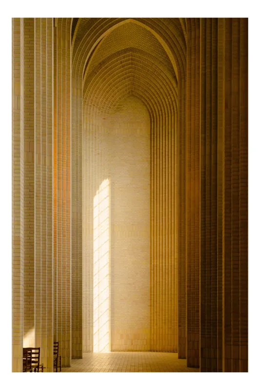 Tablou Canvas, "Lumina traversând arcadele tăcute ale catedralei", Arce, Lumină, Coloană, Geometrie, Simetrie, Pereți, Culoar, Perspective, Textura, Spațiu, 26 x 39 cm