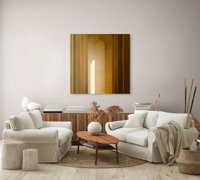 Tablou Canvas, "Lumina traversând arcadele tăcute ale catedralei", Arce, Lumină, Coloană, Geometrie, Simetrie, Pereți, Culoar, Perspective, Textura, Spațiu, 100 x 100 cm – poza 3