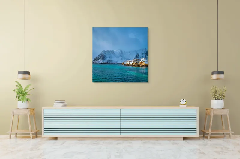 Tablou Canvas, "Liniștea zăpezii sub cerul albastru", 100 x 100 cm – poza 5