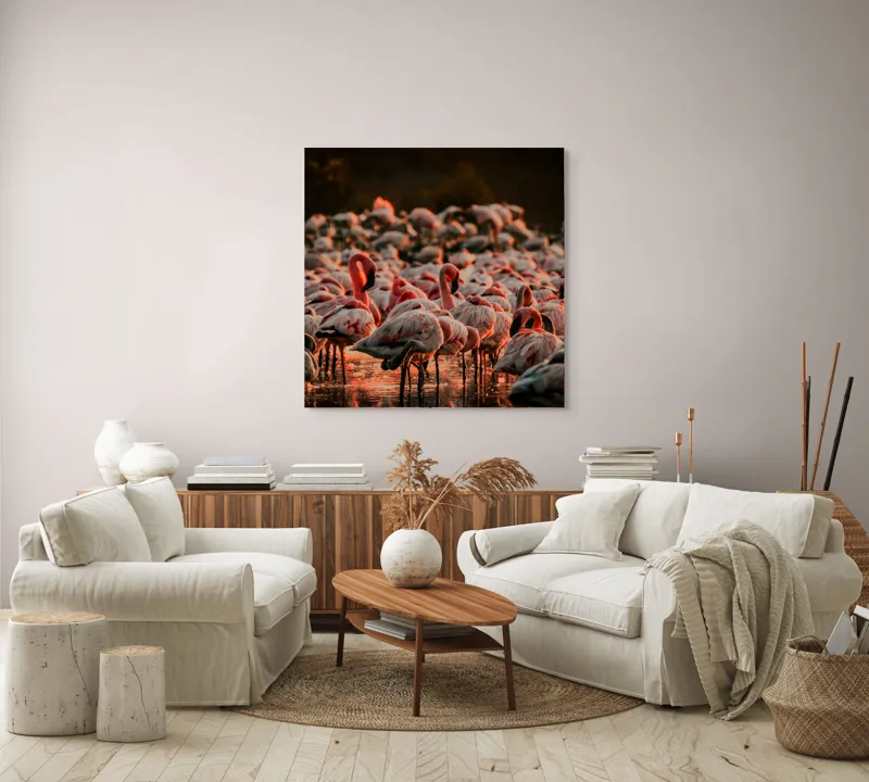 Tablou Canvas cu fluturi de flamingo \"Dansul Roz al Apei Serenității\", 100 x 100 cm – poza 3